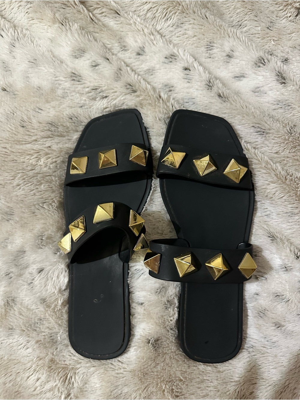 Black Slide Sandals with Gold Studs - Women
